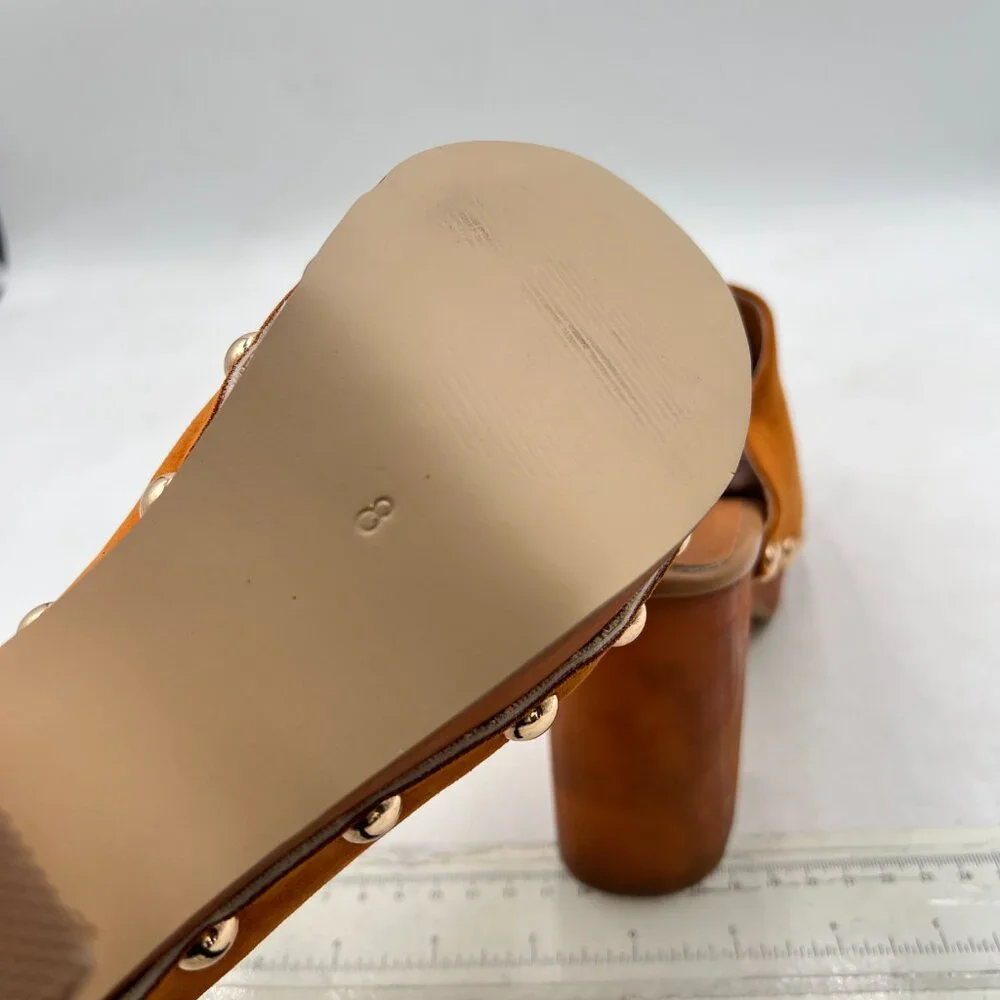 YDN Tan Brown Platform Slip On Clogs Mules Cork High Heel Round Toe Rivet Sandal - Picture 6 of 8